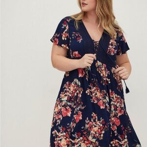Torrid Floral Navy Dress with Pink and Red Accents